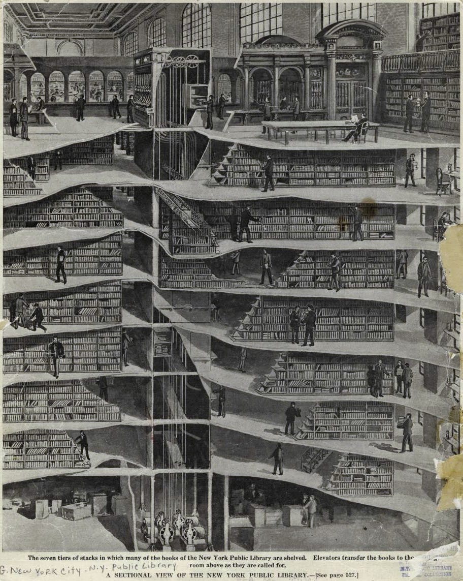 纽约公共图书馆 Stephen A. Schwarzman 大楼的书架。【发表于1911年的《美国科学》杂志】 