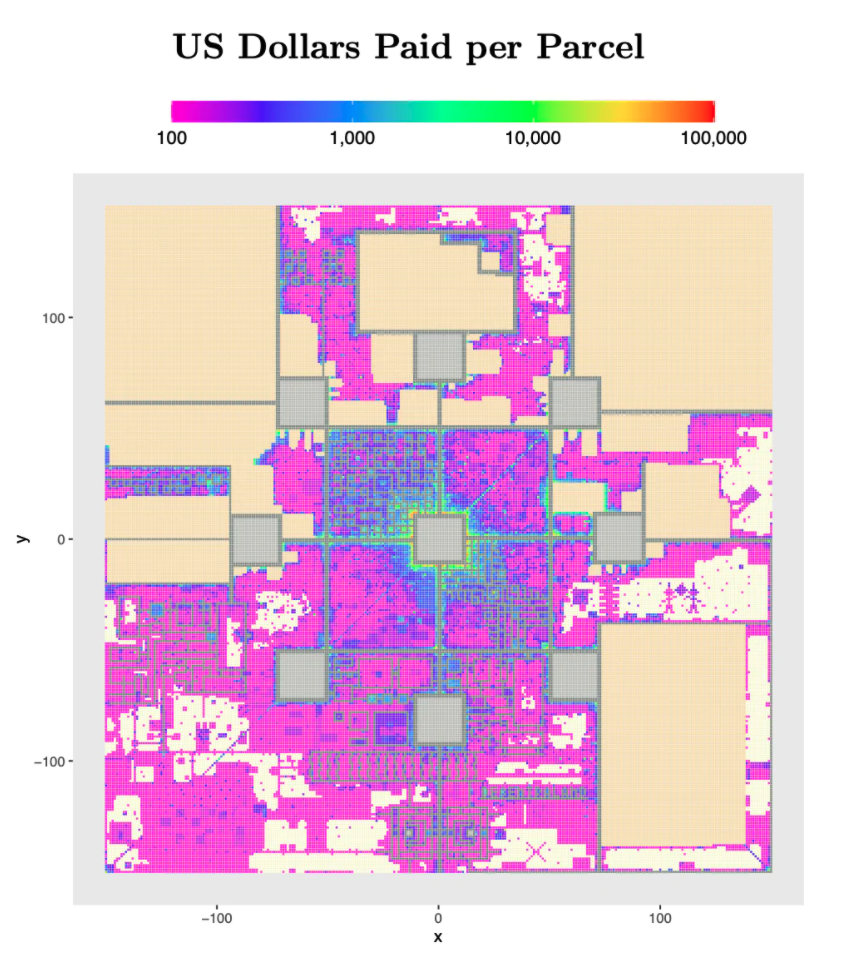 在 Decentraland 的第一次土地拍卖中中标的 34,358 个地块。浅灰色地块对应九大广场，深灰色地块属于道路系统，深黄色地块是 56 个街区，白色区域对应未售出地块。（Goldberg、Kugler、Schär，2021 年“基于区块链的虚拟世界的经济学：虚拟土地的享乐回归模型”）