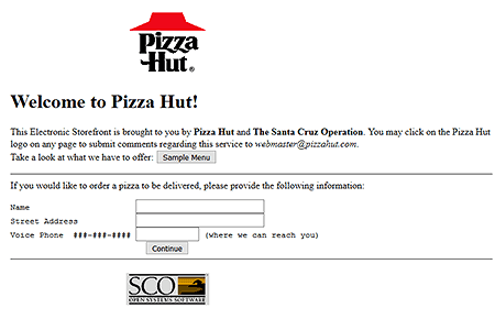 Web 1.0的披萨订购网页。必胜客在Web 1.0时代是一家创新的企业，他们发布了自己的网站，消费者可以在网站上买披萨，不过支付只能在线下完成。