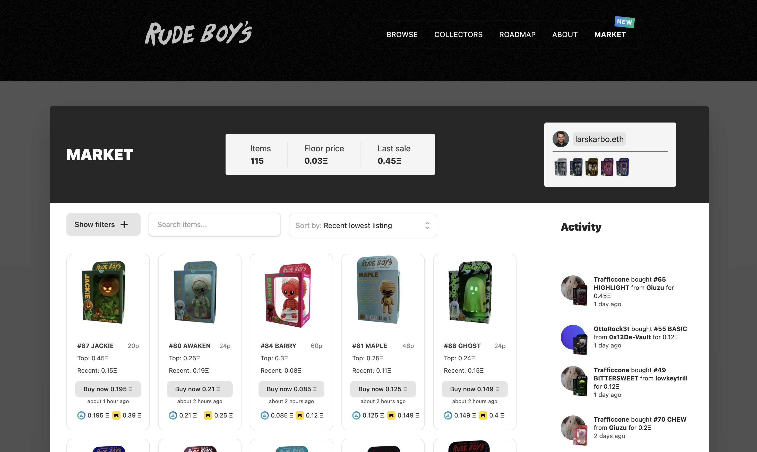 Screenshot showing the marketplace integrated on rudeboys.io