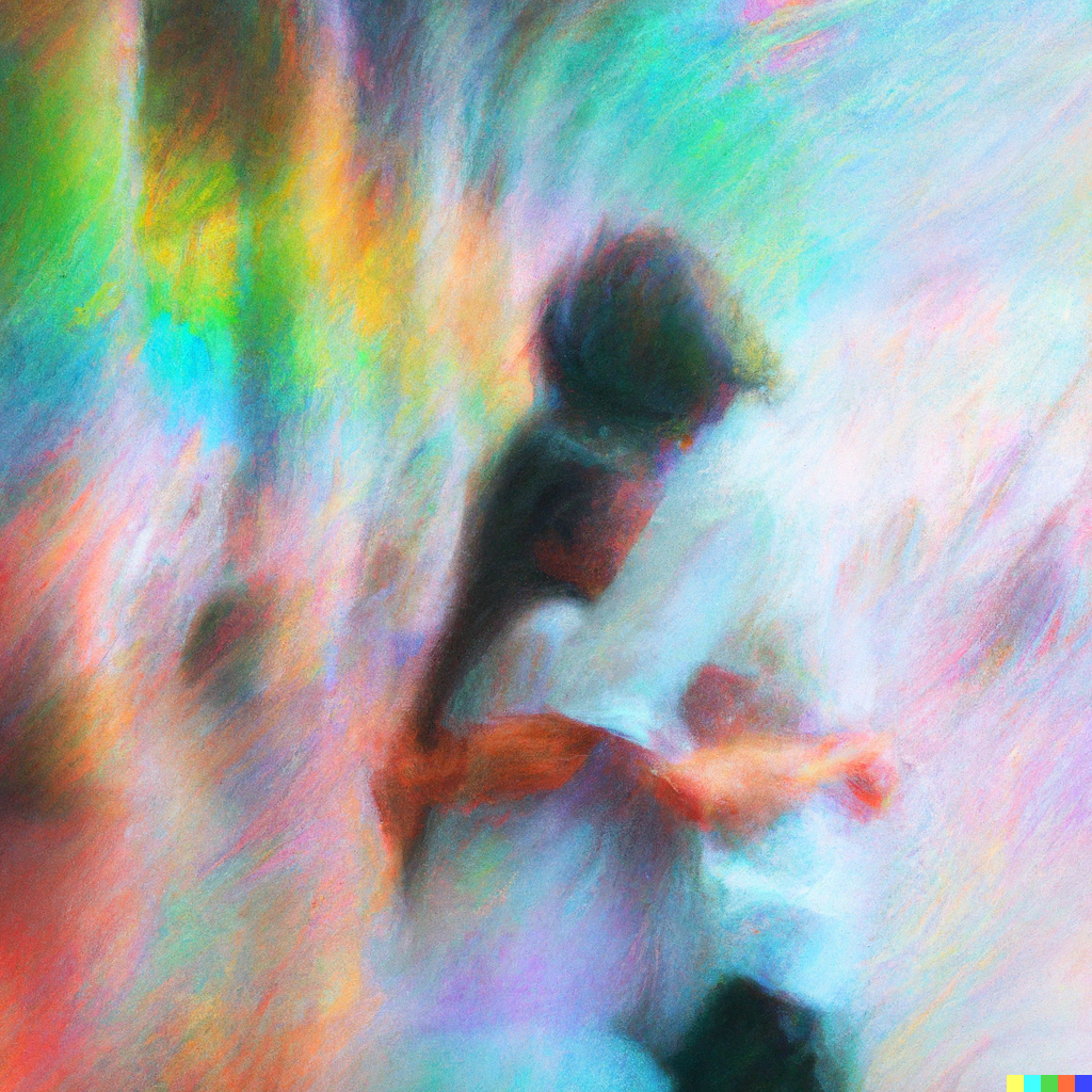 A couple hugging each other tightly under a big, busy, and bright lobby. Futuristic, dreamy, blurry, and dazing. Rainbow Fog. The male with slightly long hair is wearing a white shirt and facing the other person. An impressionist drawing by Degas.DALLE-2