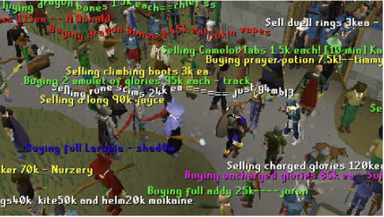 Above is the classic RuneScape town square, where players would advertise their buy and sell offers, trade items, and accumulate gold all in a peer to peer fashion