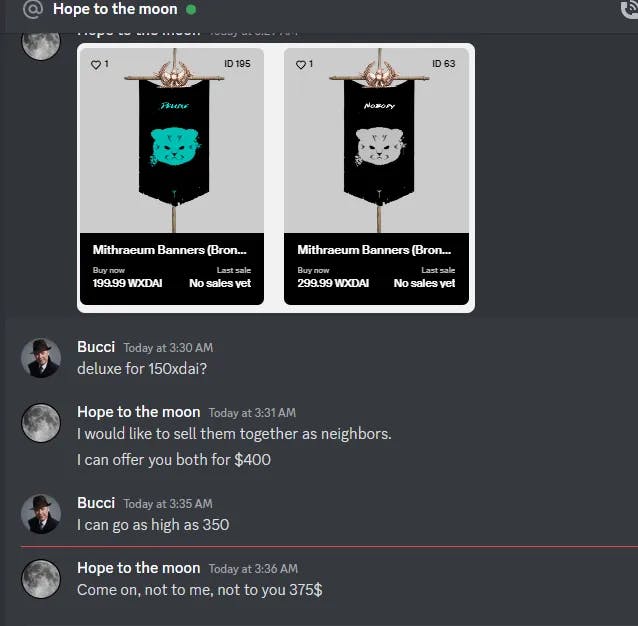 An OTC deal for two Mithraeum settlements being negotiated in discord.
