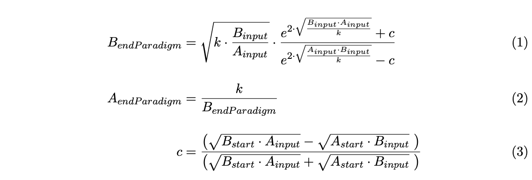 Equations 1-3: Original TWAMM Algorithm Token A & B Reserve Update Equations from [5].