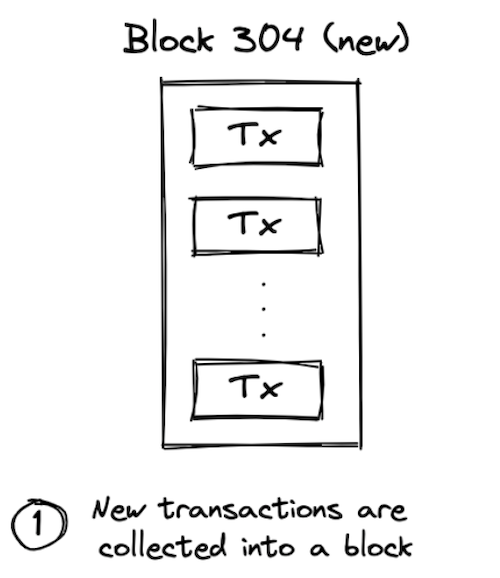 Step 1: Collect transactions into a new block, Block #304