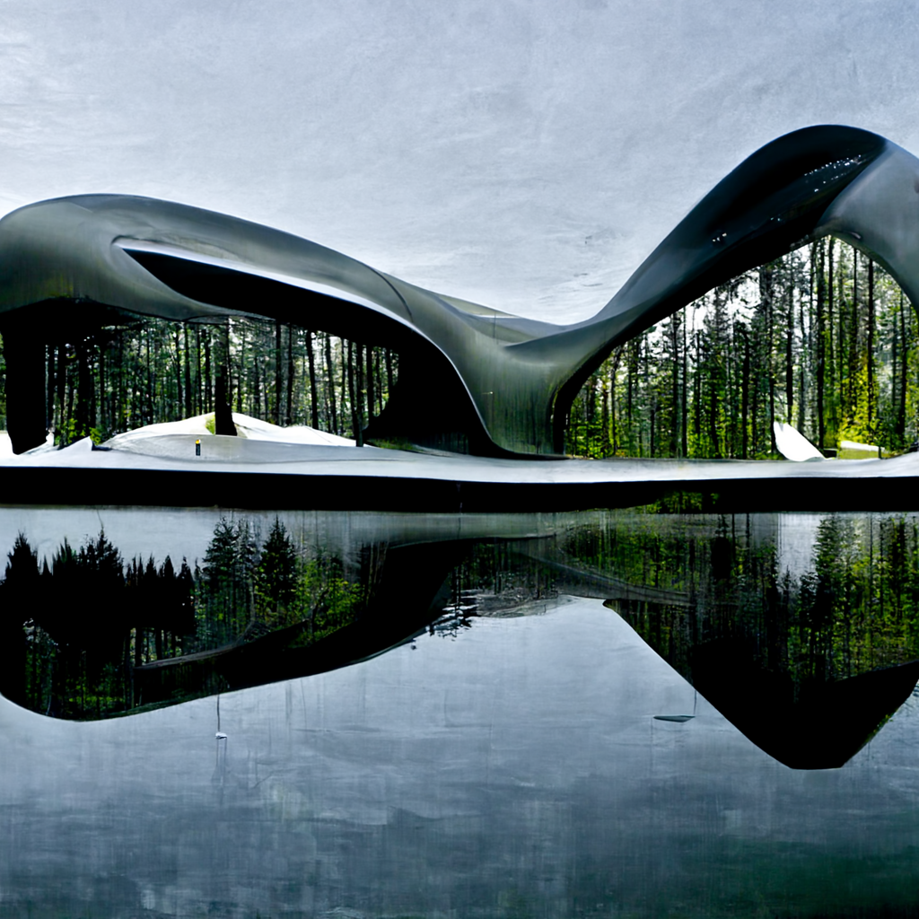 A futuristic meditation building designed by Zaha Hadid, surrounded by forest and lakes 