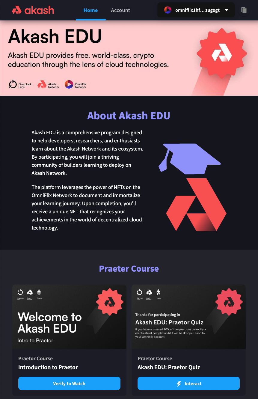 A preview of the Akash EDU educational academy, powered by OmniFlix