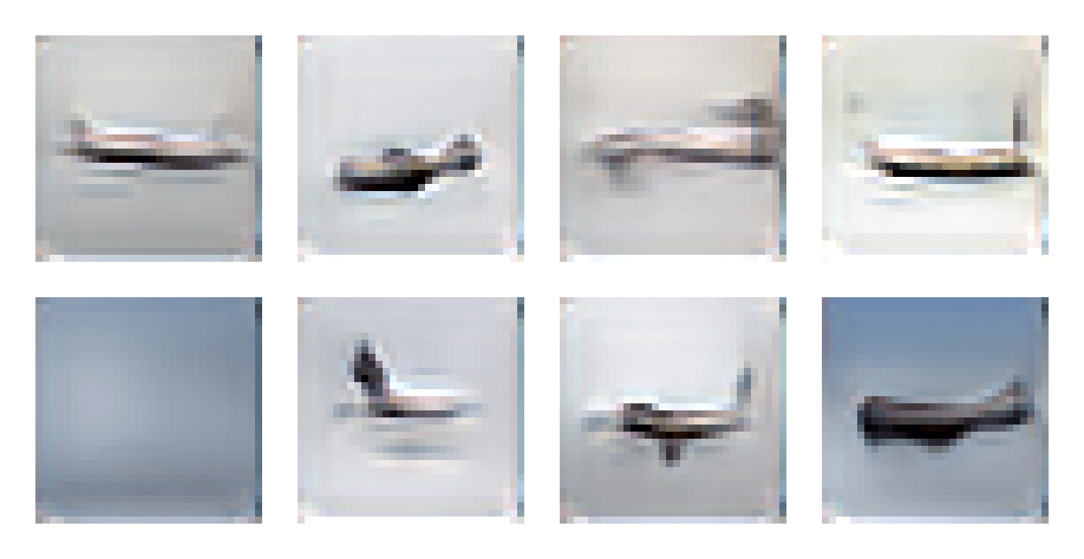 A set of 8 images created from the alignDRAW model based on the prompt “A very large commercial plane flying in rainy skies”. (Image credit: Fellowship)