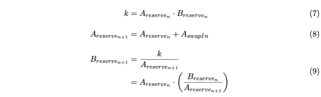 Equations 7-9, CPAMM Update Equations for a Swap A to B Tokens (Ignoring Fees).