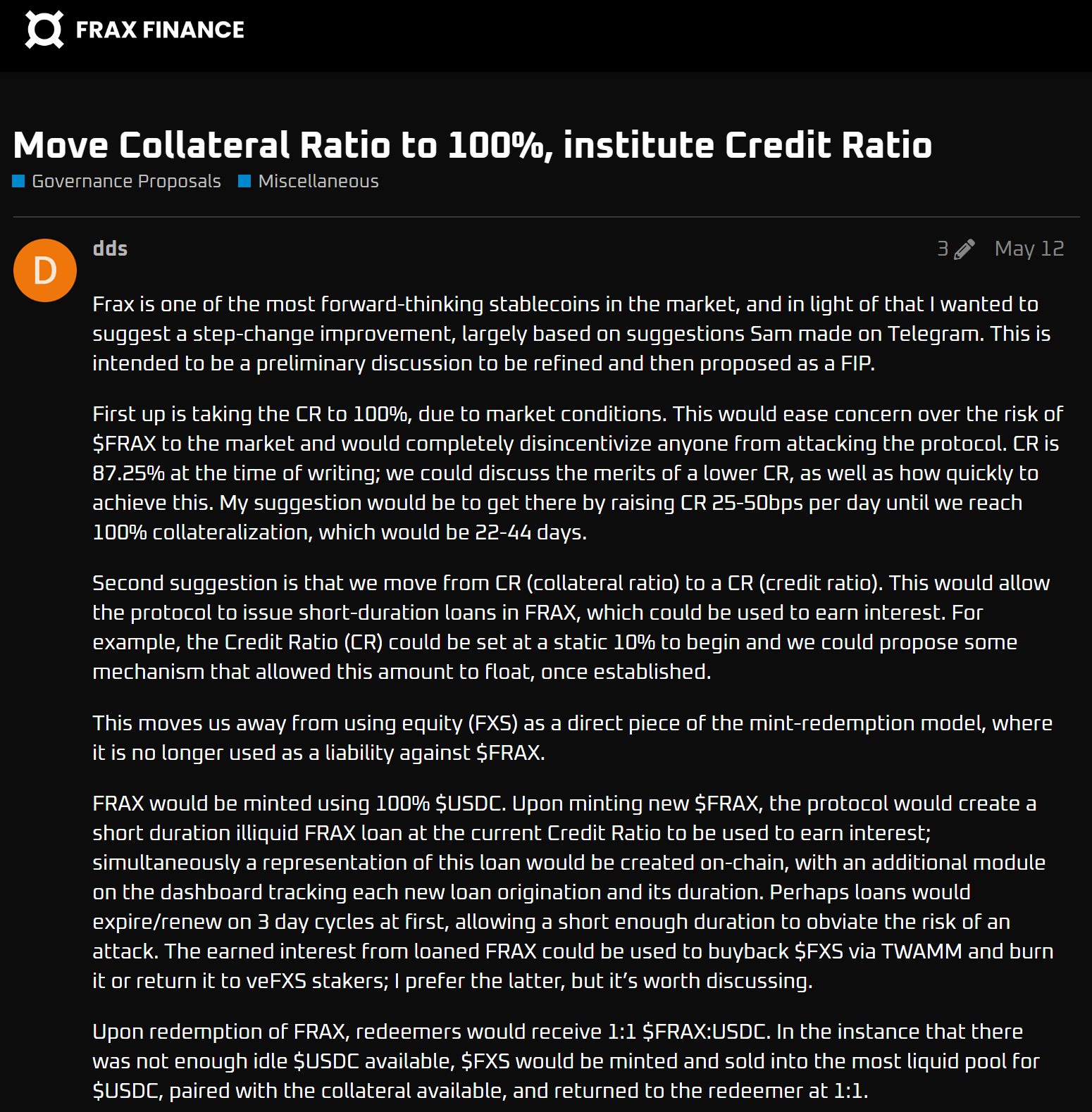 提案来源：https://gov.frax.finance/t/move-collateral-ratio-to-100-institute-credit-ratio/1371