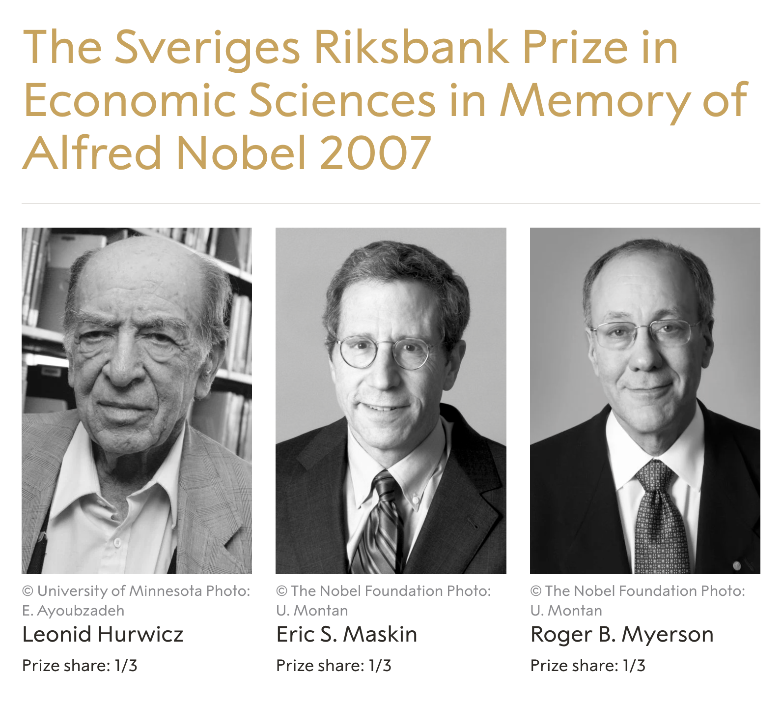 2007诺贝尔经济学奖的三位获奖者。（图片来源：诺贝尔奖官方网站）