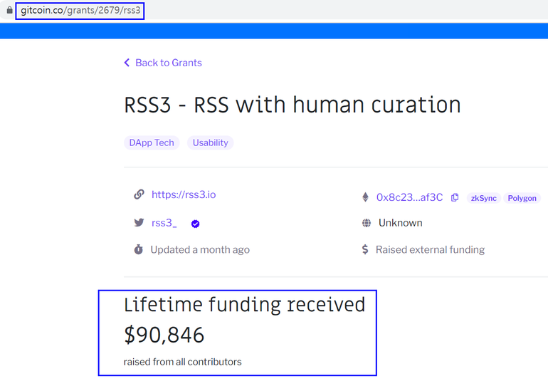 Gitcoin 是一個平台容許用戶將他們的個人資產捐贈給有前途的項目，在加密生態系統中，它也被視為連接社區力量的標準。截至此時 G12（Gitcoin Round 12），RSS3 共收到 90,846 美元（相當於 1 億韓元）。