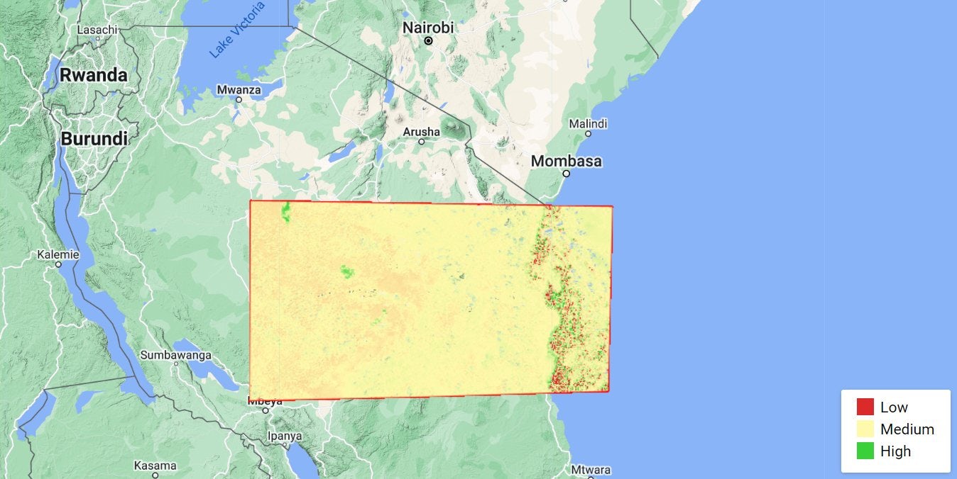This is Shamba's Insight Tool examining vegetation over parts of Tanzania using the MODIS Aqua Daily NDWI dataset.