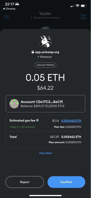 Here I am about to approve a transaction by signing a message that will execute a smart contract on Uniswap. This smart contract will then transfer 0.05 ETH out of my wallet (which I want to use to trade against another token). Note that a gas fee needs to be paid because it is “on-chain”.