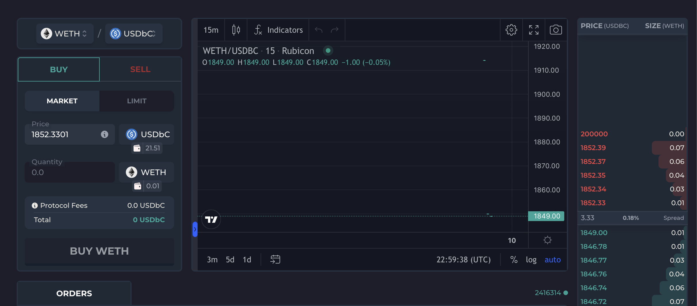 Trade WETH/USDbC with onchain Market & Limit Orders