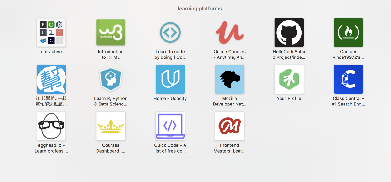 My bookmarks of learning platforms in Safari