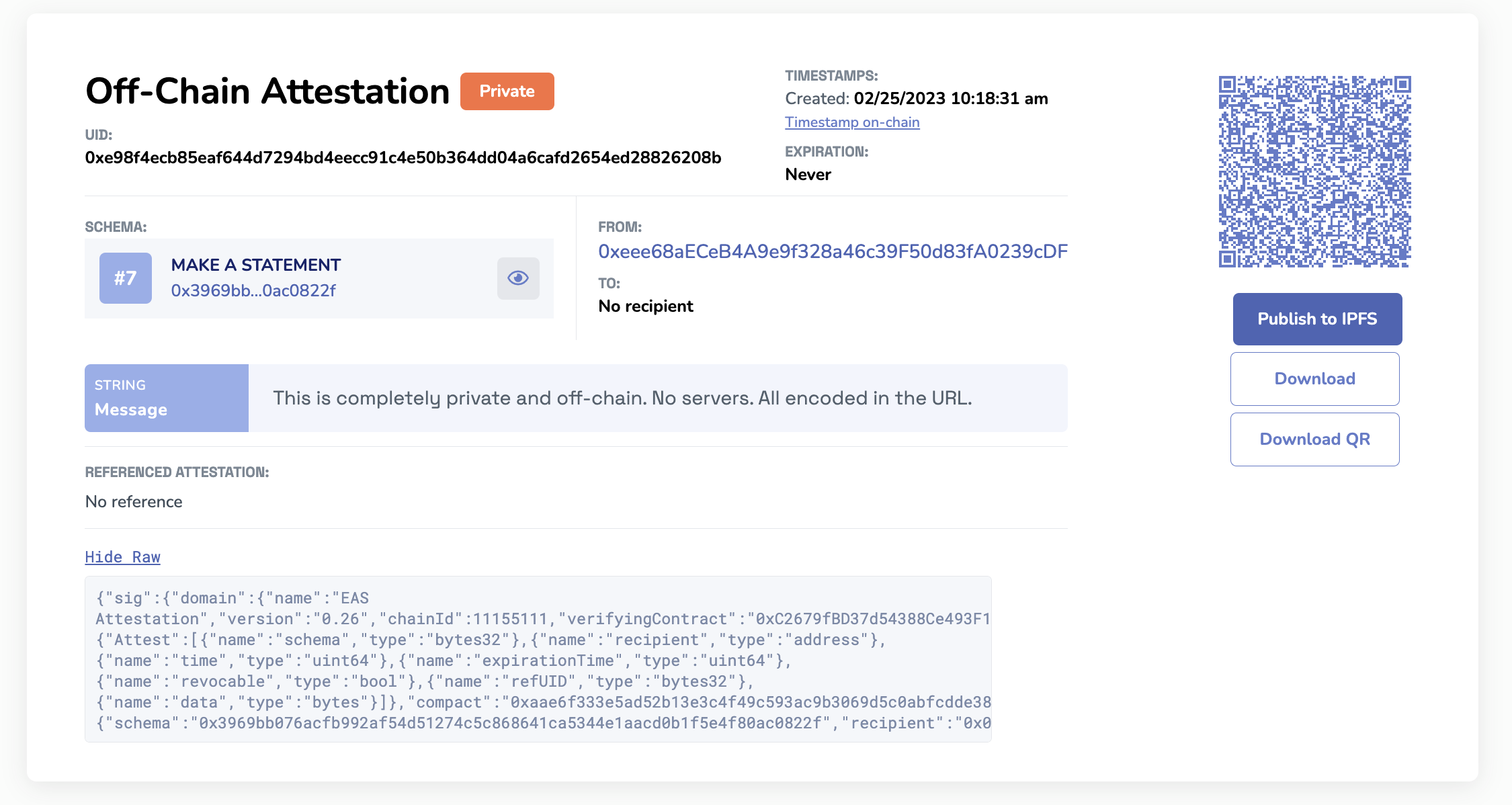 Sample private off-chain attestation made on Ethereum Attestation Service.