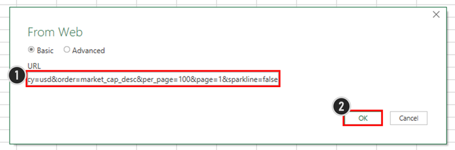 Excel's basic API query "From Web" settings screen