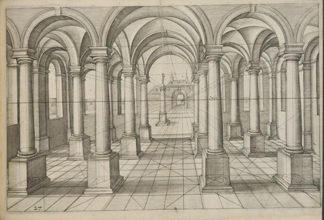 An original drawing from Vredeman de Vries, XVIth century. I'm fascinated with his Linear Perspective treatise and I often use his work as reference