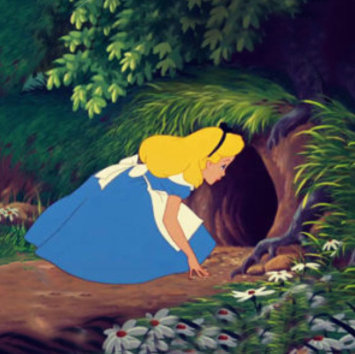 Alice peeking inside the rabbit hole