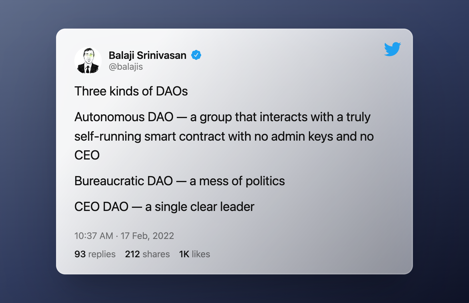 Tweet by Balaji about DAO hierarchies