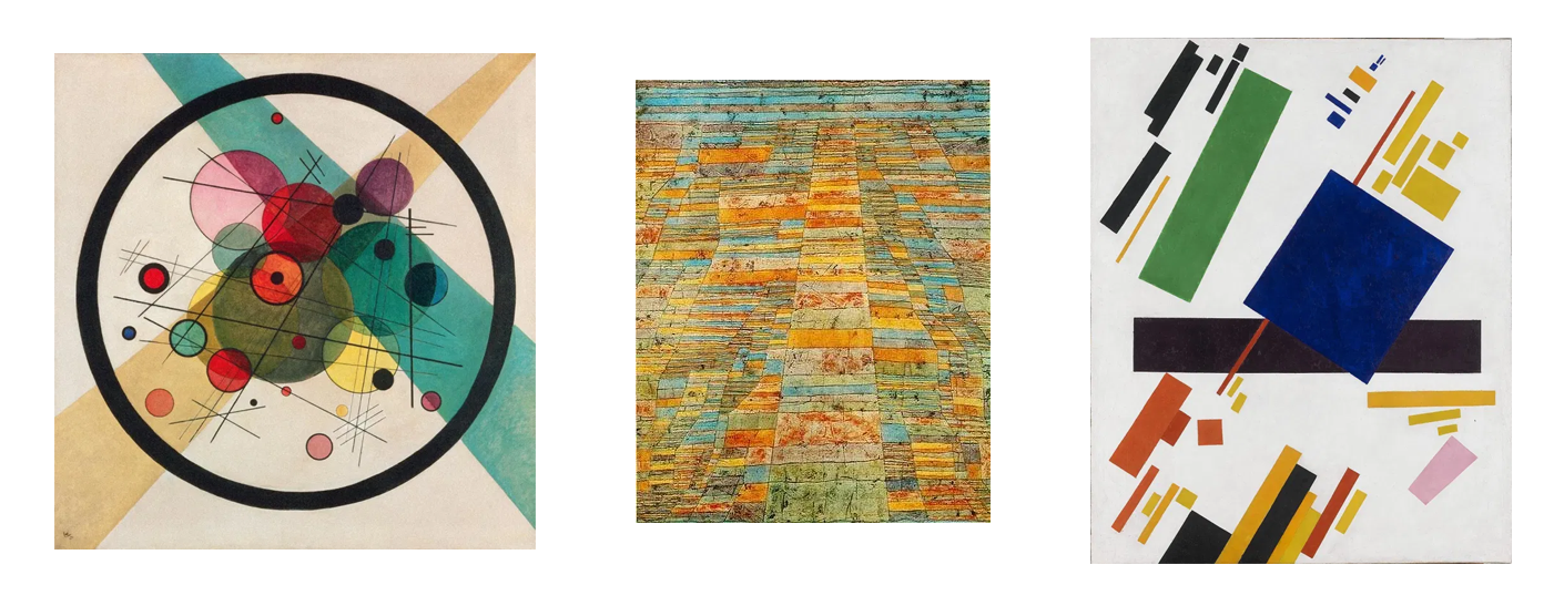 左から、Circles in a Circle – Wassily Kandinsky, 1923、Highway and Byways – Paul Klee, 1928、Suprematist Composition – Kasimir Malevich, 1916　今のジェネラティブアートに通じるものを強く感じます