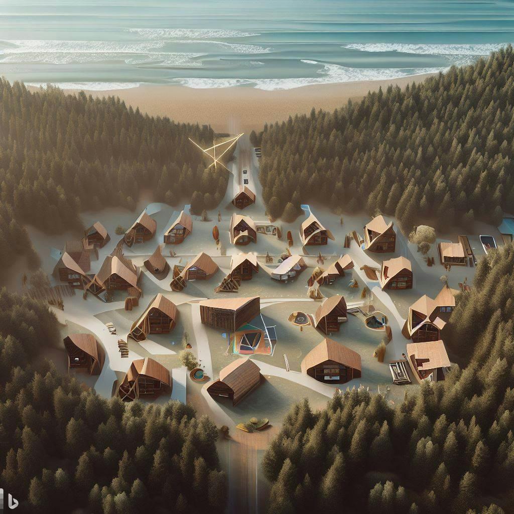 "Here is the image of a constellation of chalets in a forest near a beach and mountain, for a thriving community with a bar/restaurant and skatepark in the middle. With more space between the chalets. The chalets are not aligned."