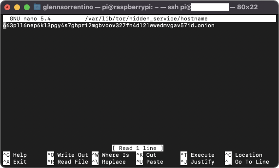 Onion address displayed in the hostname file