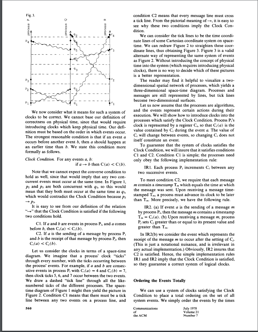 page from Leslie Lamport's "Time, clocks, and the ordering of events in a distributed system". causality/time for a node on a distributed system has unexpected behavior, therefore time is defined in algorithm across all nodes. source: https://lamport.azurewebsites.net/pubs/time-clocks.pdf