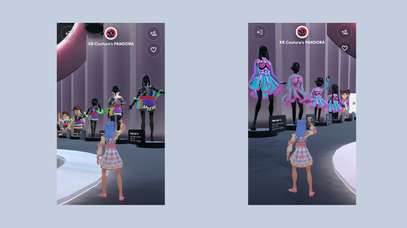 Me appreciating the Vibrance Splash look by T Hippie (left) and the Chrome Heart dress by Klaws (right)