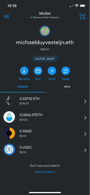 Here you can see Metamask summing up all of the balances in my Metamask wallet. It has detected that I hold both ETH and staked ETH (stETH) assets. It also deduced that my XSGD and USDC stablecoin assets are 0, even though I did own those assets in the past. Note: I am not divulging anything sensitive here, because my wallet address is publicly known! Anybody can see what assets I own.