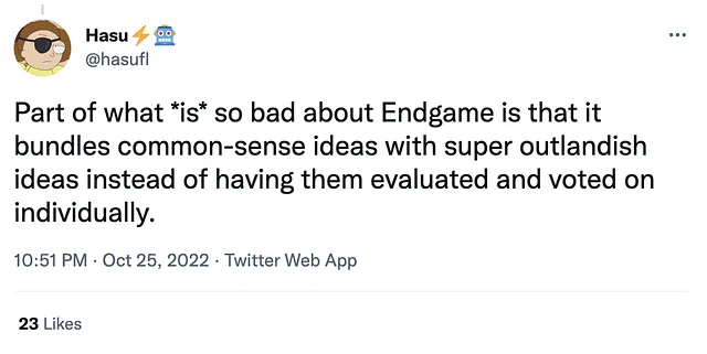 Hasu’s opinion about the Endgame Plan, Source : Twitter