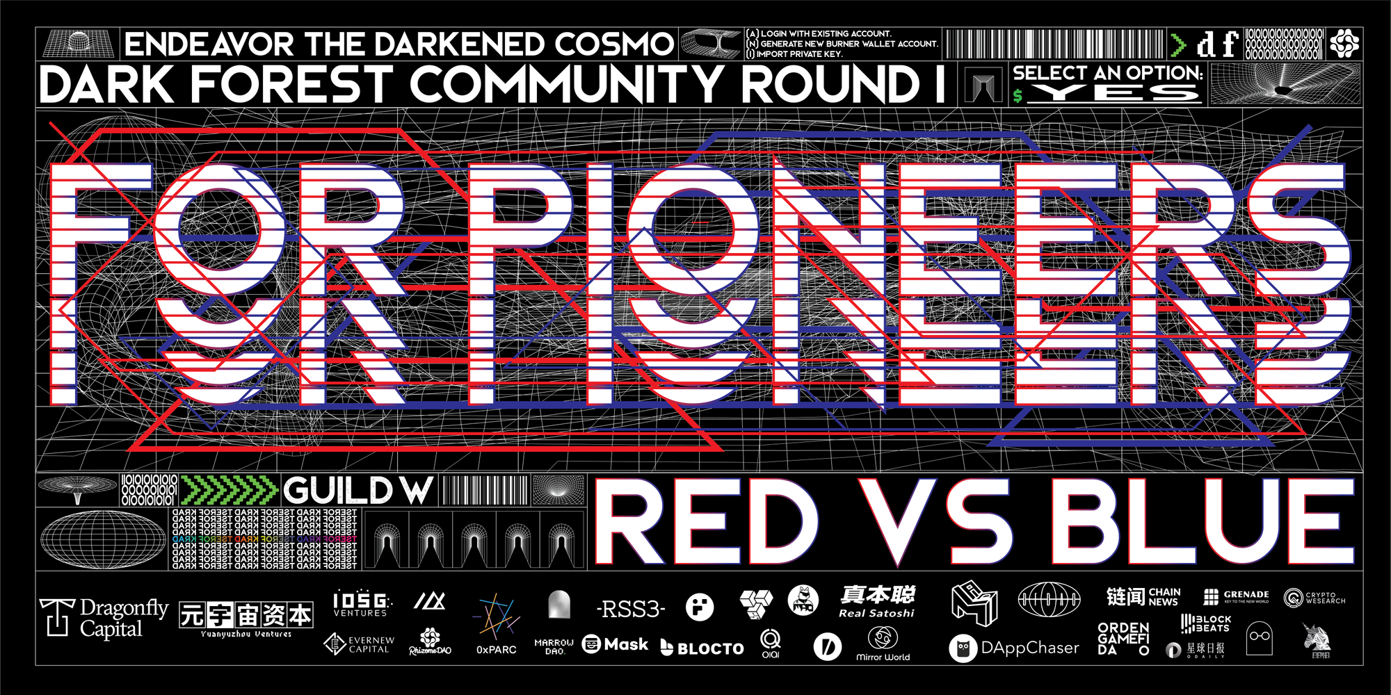 Promo image for the 'For Pioneers' Red vs Blue Dark Forest community round 