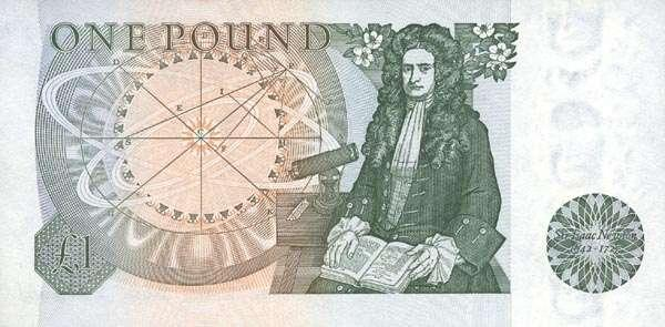  作为对牛顿在科学领域和对英镑改革贡献的纪念，其画像被印在 1 英镑纸币的背面
