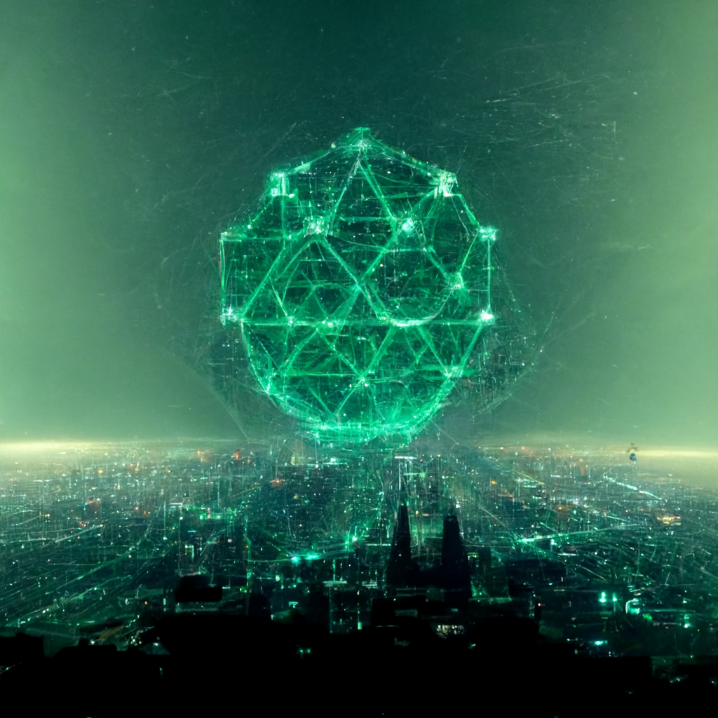 "decentralized open permissionless system cyberpunk the future of assets collective ownership DAO light green" by Midjourney