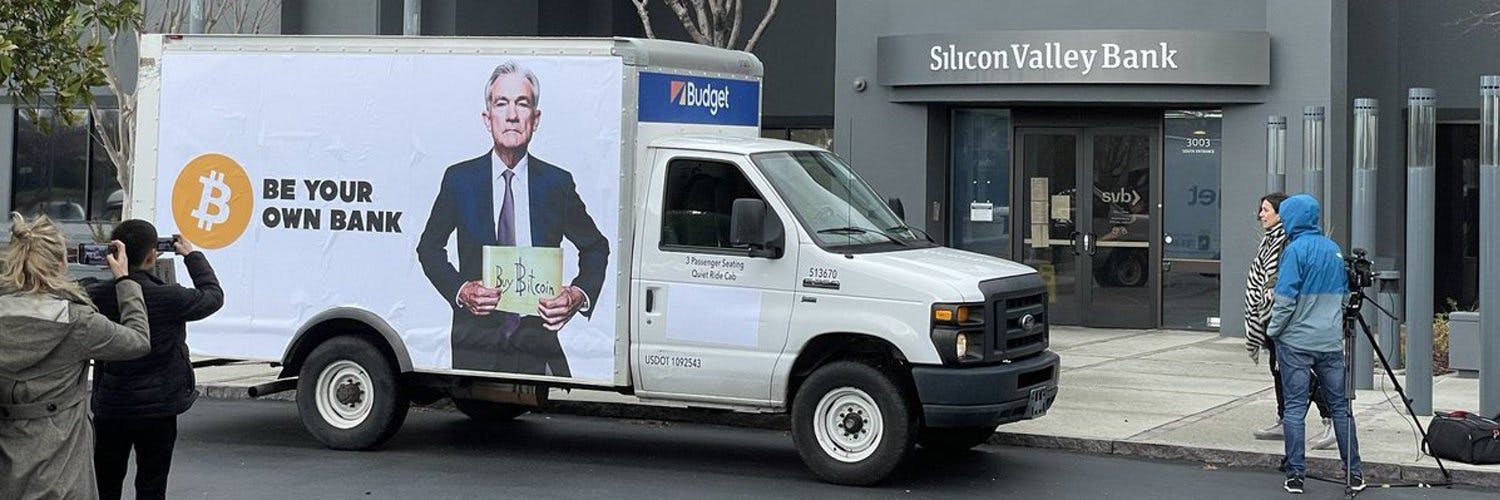 Be your own bank. A recent Cryptograffiti project, featuring a van with a photoshopped image of Jerome Powell, chairman of the Federal Reserve, with a sign saying “Buy Bitcoin”, parked in front of collapsed Silicon Valley Bank. 