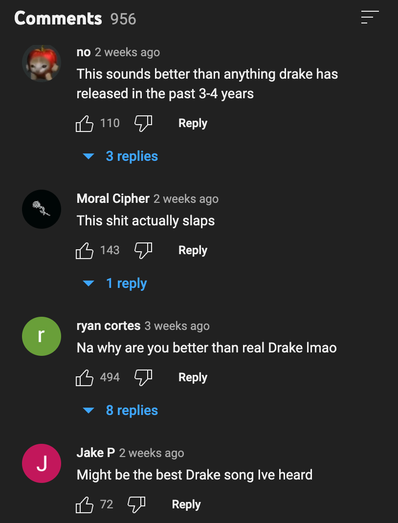 YouTube commenters share their thoughts on AI Drake's "Heart on my Sleeve" track