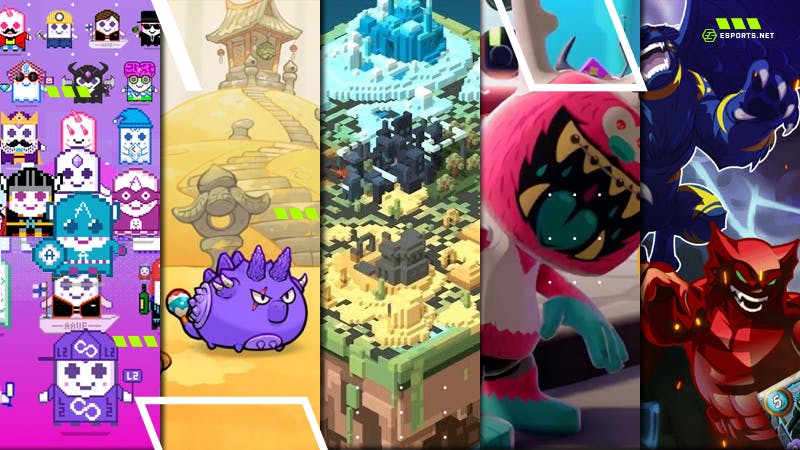 Modern P2E games that reward players monetarily for completing in-game tasks. E.g., Axie Infinity (second from left) is valued at $3B, and the game has empowered many citizens of the Philippines.