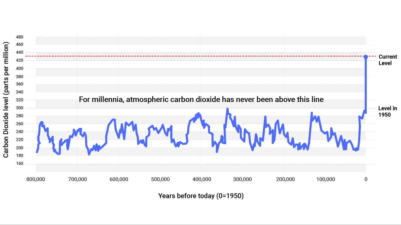 Carbon dioxide levels over the last 800 millennia. Graph: NASA. 