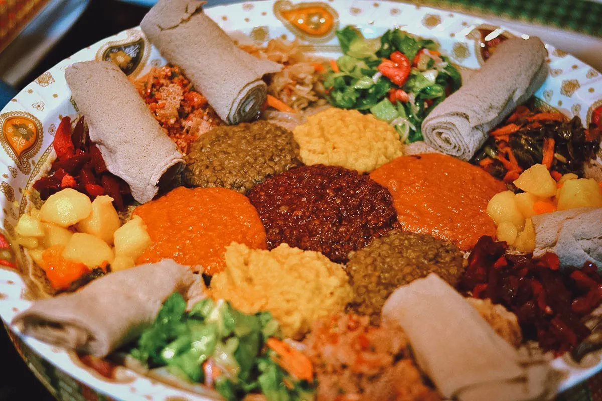 Beyaynetu - one of Ethiopia's national dishes - served with injera