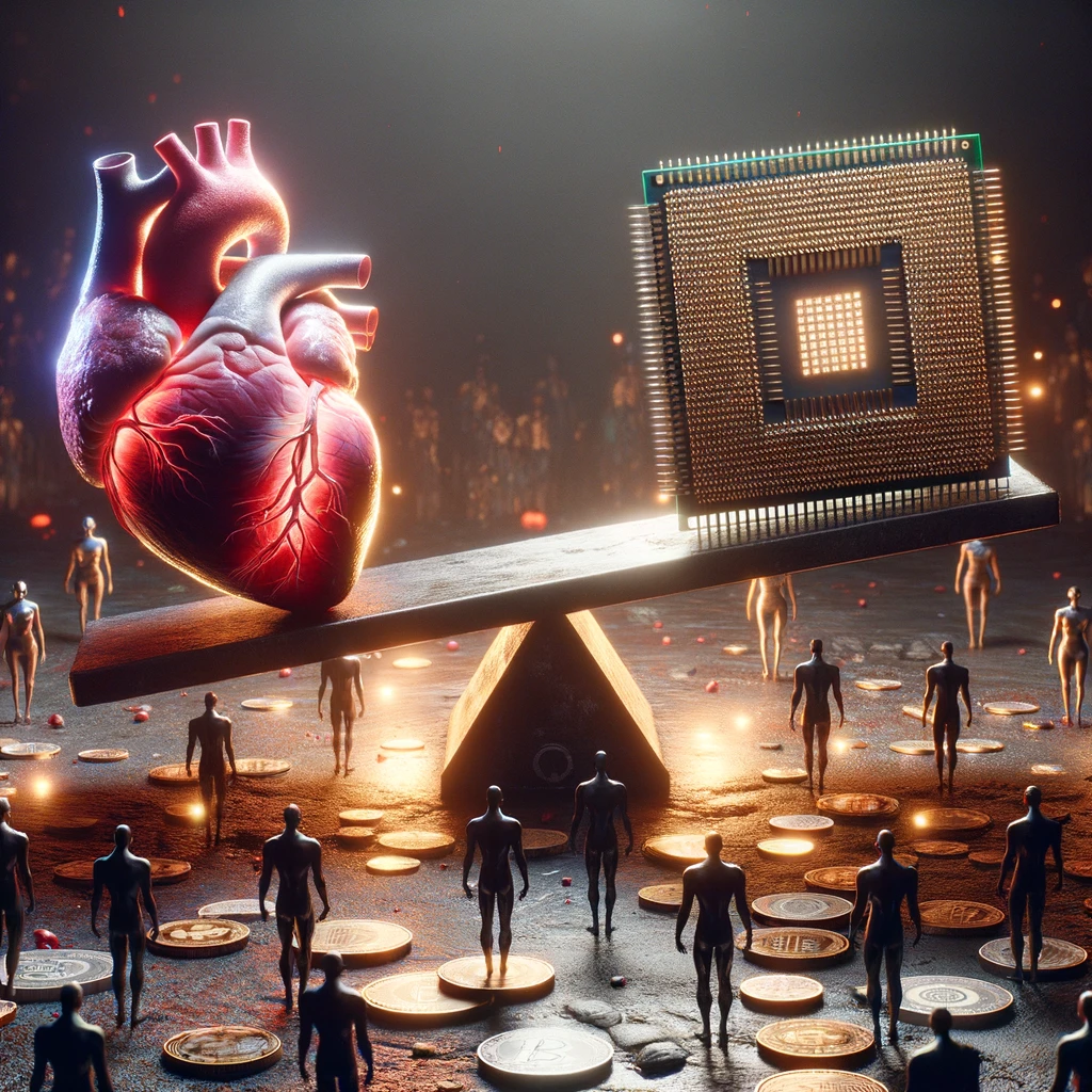 Cinematic style: In a dramatically lit environment, a seesaw takes center stage. One side features a hyper-realistic, glowing human heart, its texture and details evoking strong emotions. On the opposite side, a futuristic computer processor, illuminated with LED lights and showcasing its intricate design, represents the pinnacle of technological innovation. The ground beneath is scattered with shimmering coins, both traditional and cryptocurrency, while shadowy figures of diverse genders and descents reach out in desperation, trying to catch them, capturing the tension between emotion and technology.