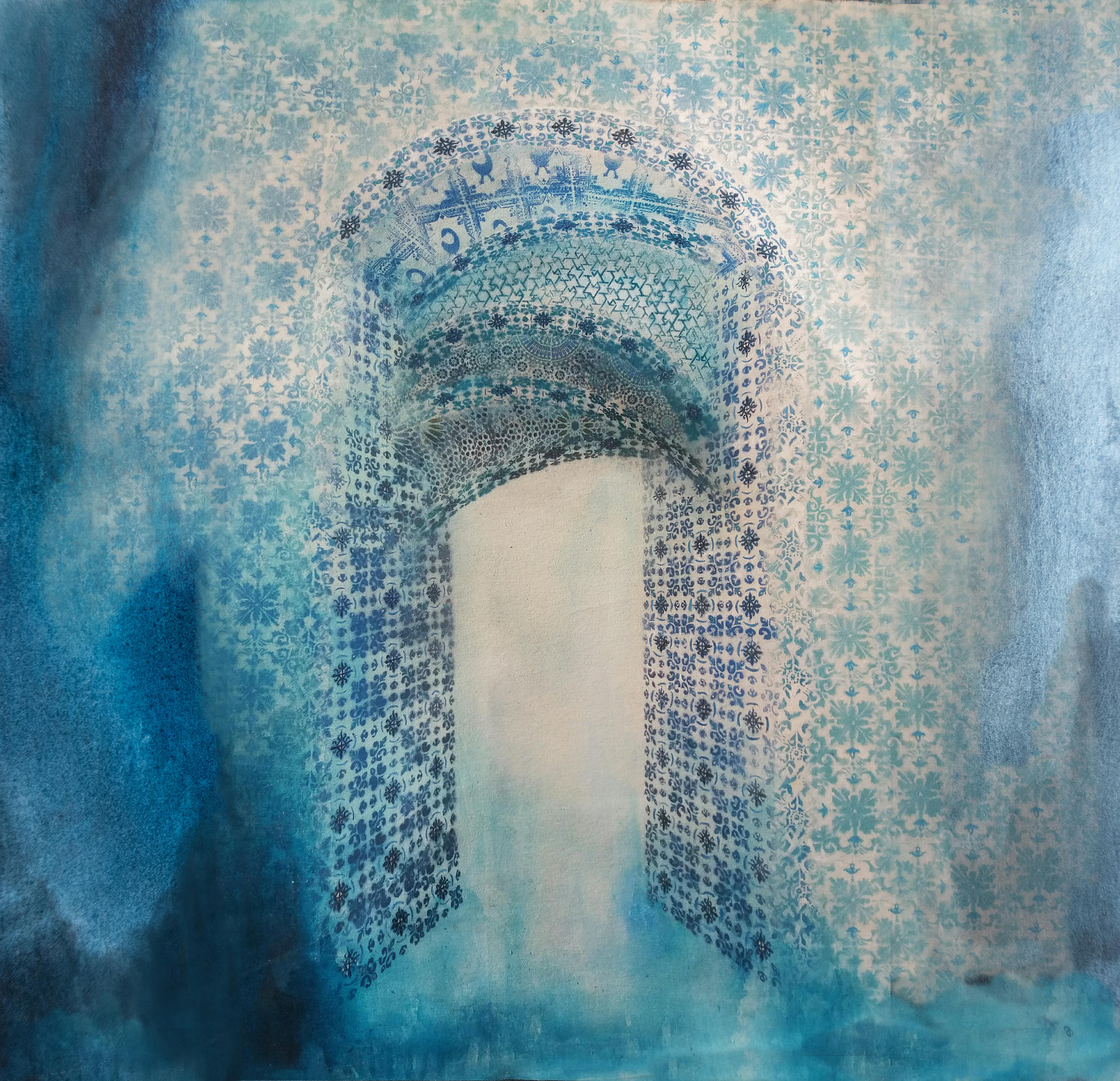 Blue and white archways, merging symbols from Portugal, Islamic world, China and two Adinkra symbols from West Africa. Painting made with laser cut stencils
