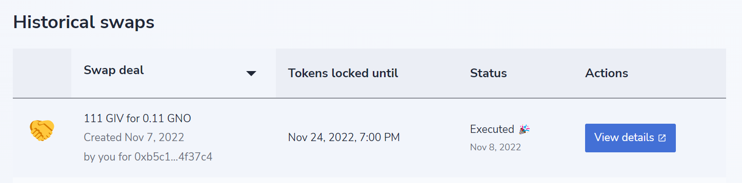 Token swap executed! 111 GIV for 0.11 GNO, unlocking on 11/24/22.