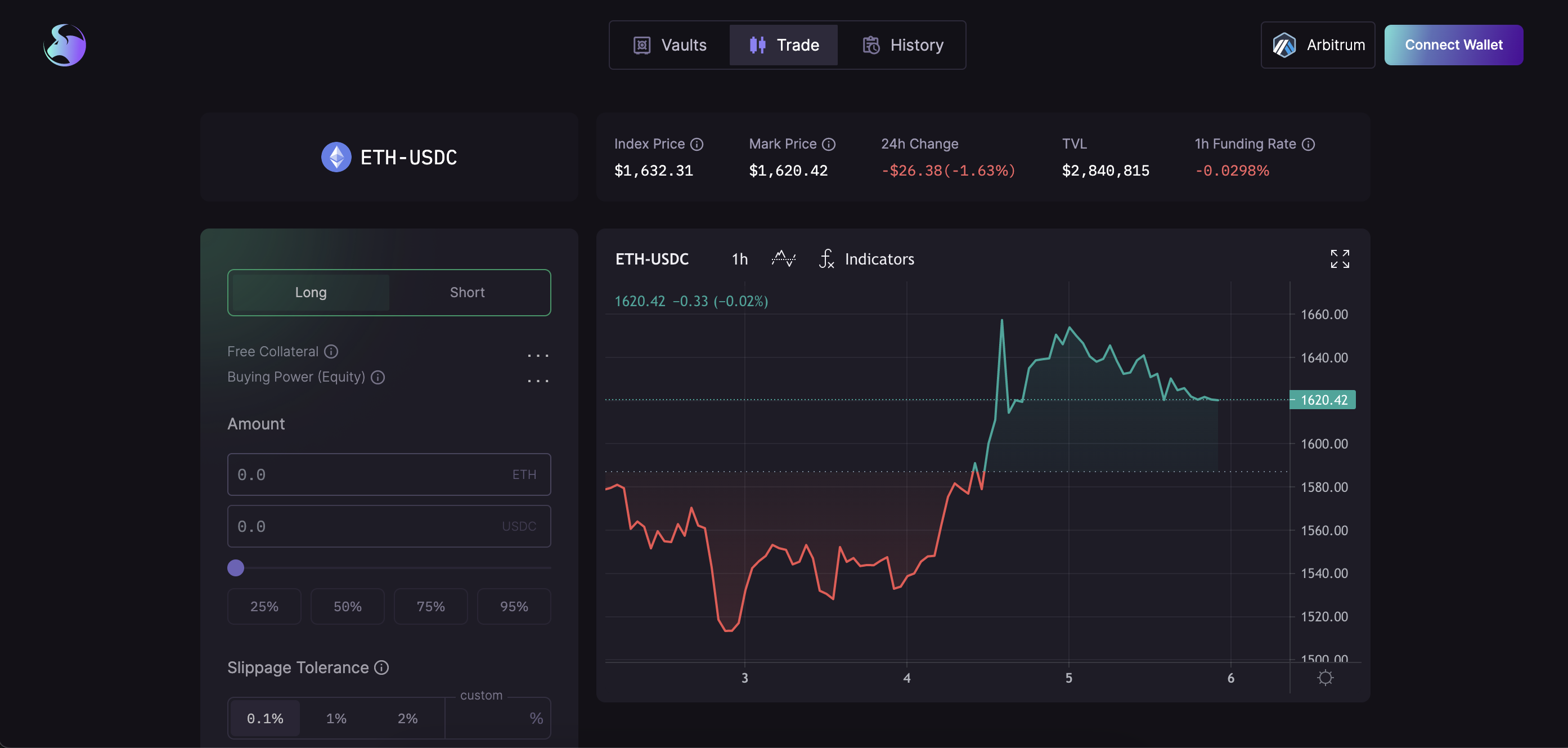Rage Trade's trading interface for longing or shorting $ETH with up to 10x leverage