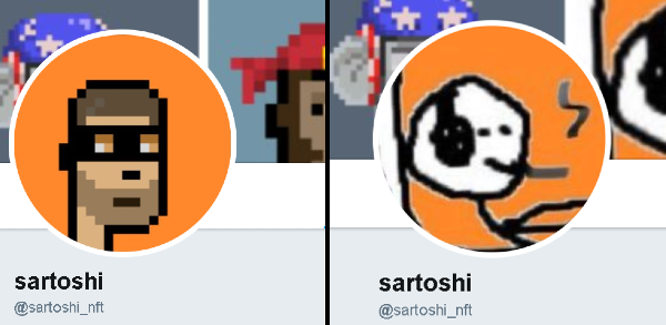 left to right:  sartoshi was actually an og cryptopunk first and then later transitioned to a mfer pfp (the mfer above is an early version/prototype of sartoshi's mfer)                                                                                 