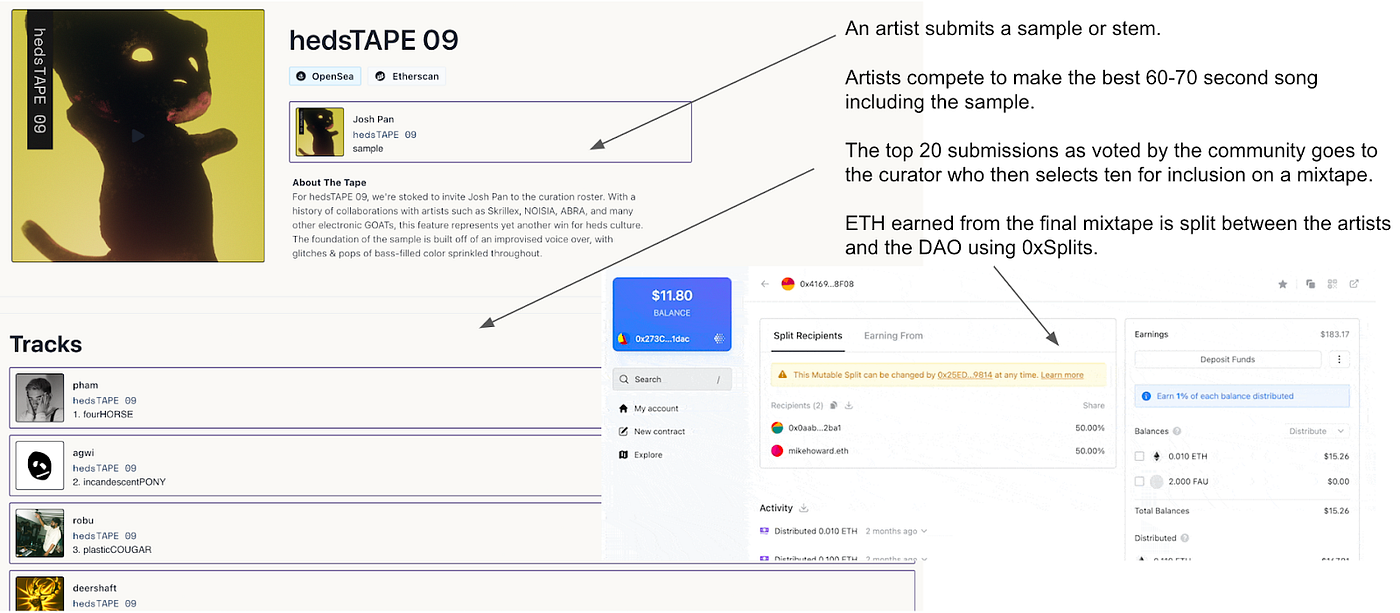HedsDAO distributing ETH via 0xSplits to artists who collaborated on a mixtape
