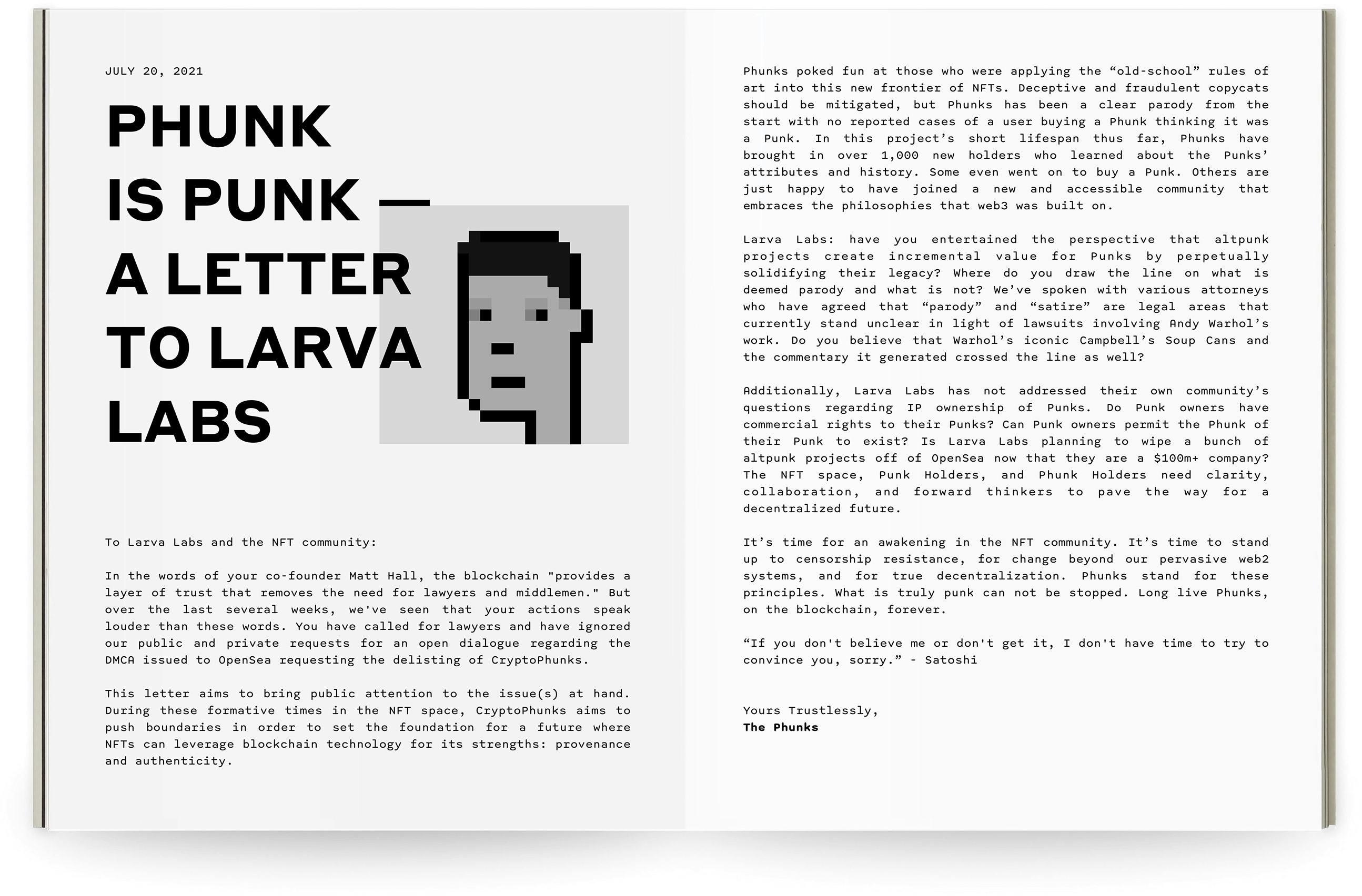 Phunk is Punk - A Letter To Larva Labs written in collaboration with community members Strug and thedirtybutler, published on cryptophunks.com on July 20, 2021. 