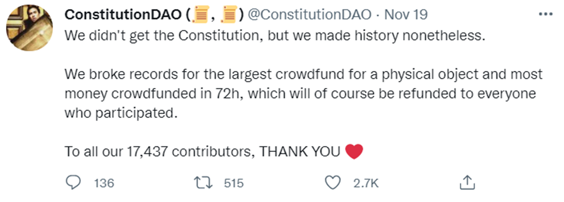 ConstitutionDAO的成就