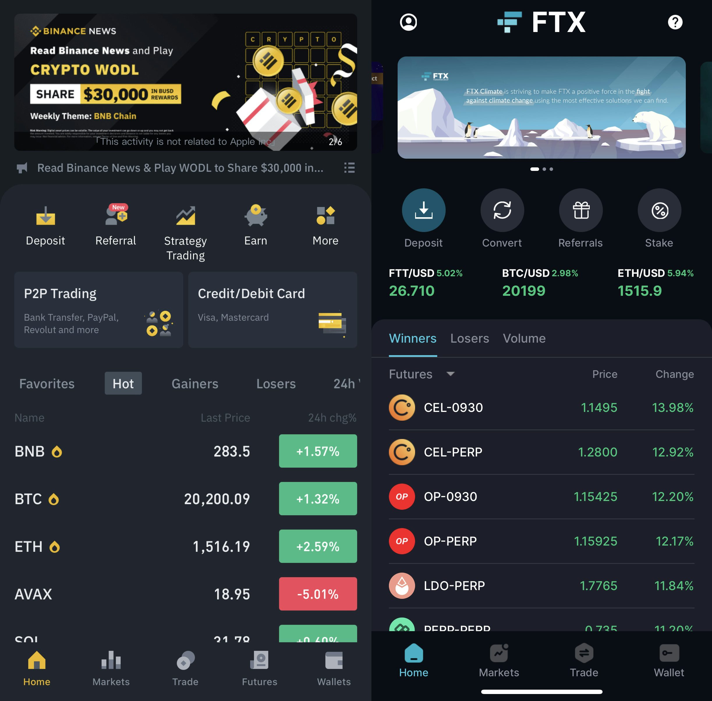 Top 2 Crypto Exchanges - L: Binance R: FTX