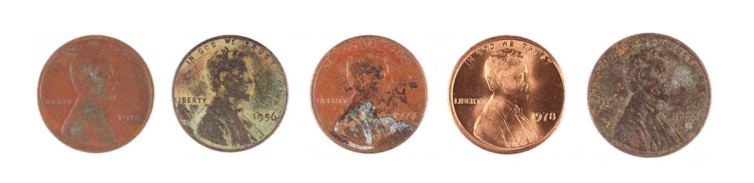 A selection of five pennies that were transmuted into ordinals. (Image credit: sovrn.art)